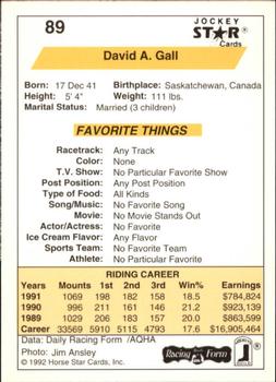 1992 Jockey Star #89 David A. Gall Back